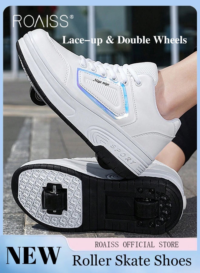 roaiss Kids Unisex Stylish Double Wheel Roller Skates Outdoors Casual White Low Top Sneakers with Detachable Wheels for Children Boys and Girls Teenagers Creative Lace up Sports Shoes - Image 1